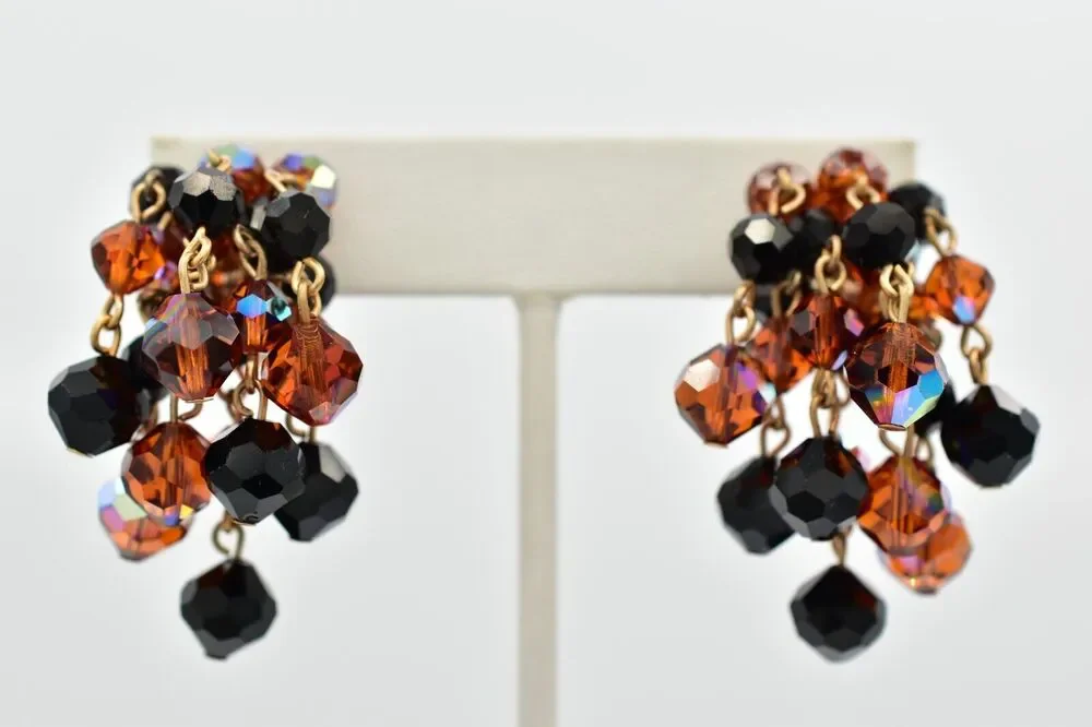 Laguna Vintage Clip On Crystal Earrings Chandelier Black Orange Signed 1950s A24